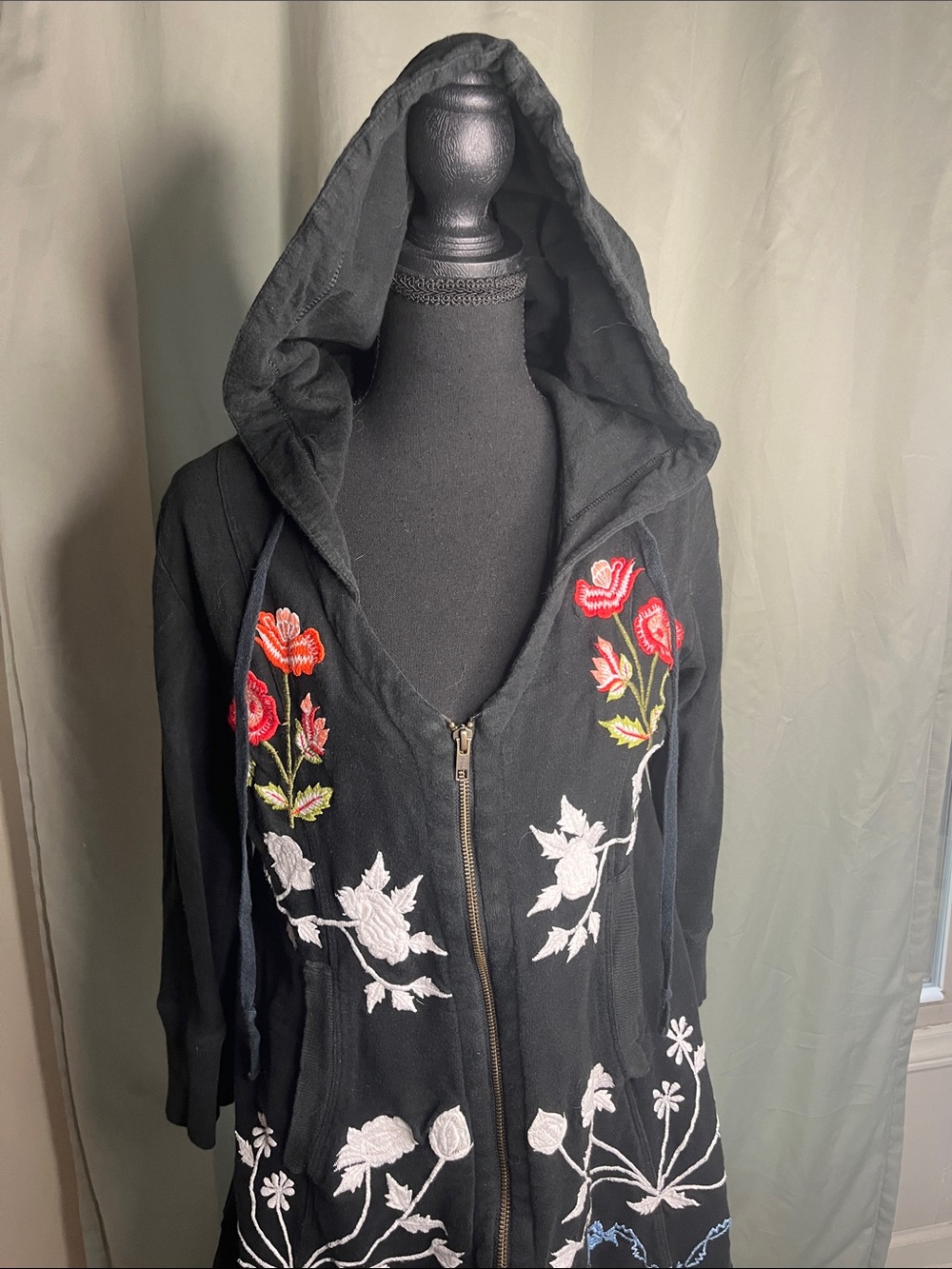 Soft Surroundings Black Hooded Utility Jacket with Floral Embroidery Medium